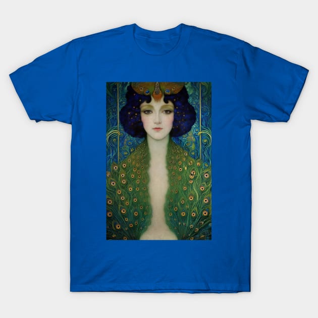 Art Deco style portrait of a Woman in Peacock Fashion T-Shirt by Sandy Richter Art & Designs